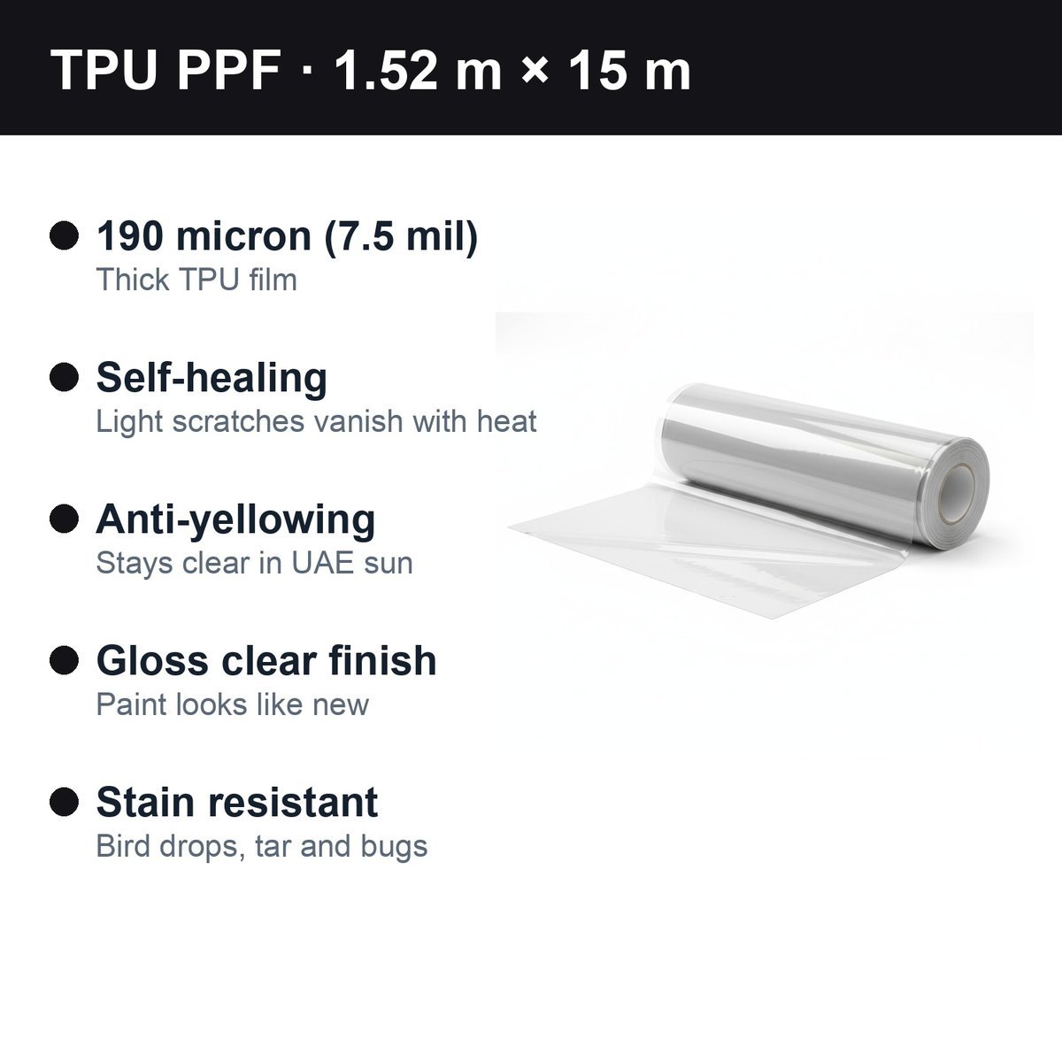 Clear PPF paint protection film, 1.52 m × 15 m roll, Gloss clear, 2